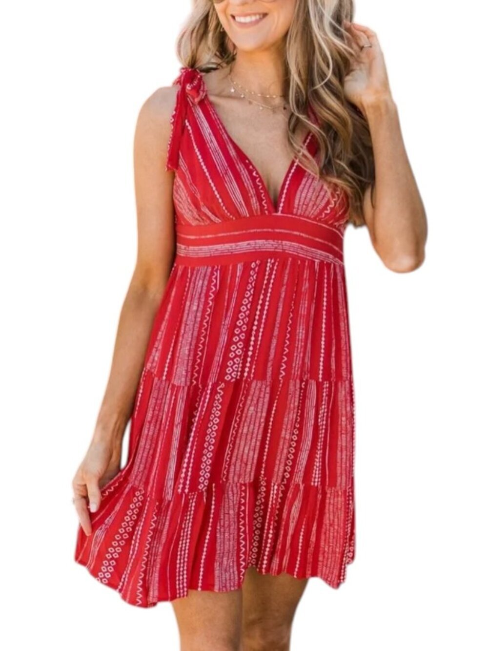 Savanna Jane Have Hope Red White Print Tie Shoulder Mini Dress
